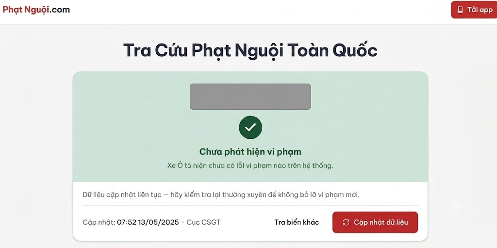 Hiển thị kết quả không bị phạt nguội trên phatnguoi.com