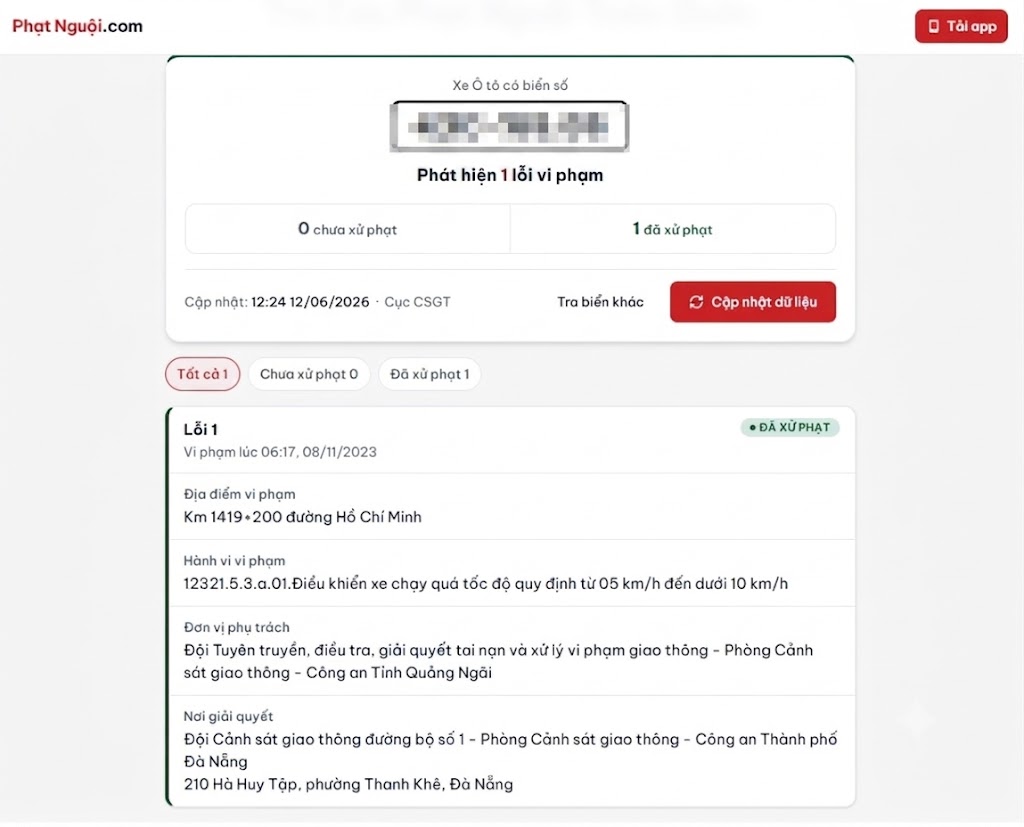 Kết quả hiển thị có lỗi phạt nguội trên phatnguoi.com